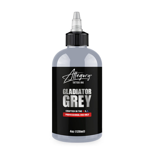 120 ml (4 fl oz) bottle of Allegory Ink Gladiator Grey. Professional medium grey tattoo pigment for smooth shading, seamless transitions, and consistent healed results.