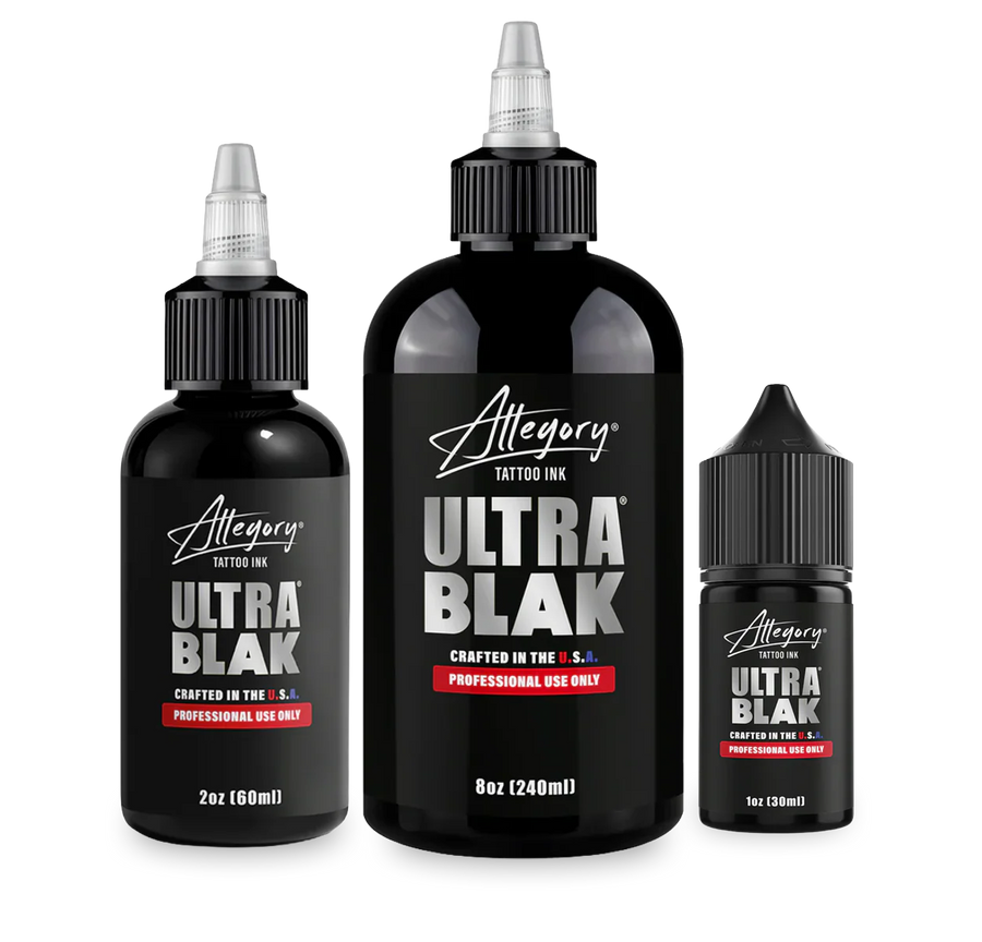 Allegory Smooth Blak professional tattoo ink bottles in 1oz, 2oz, and 8oz sizes