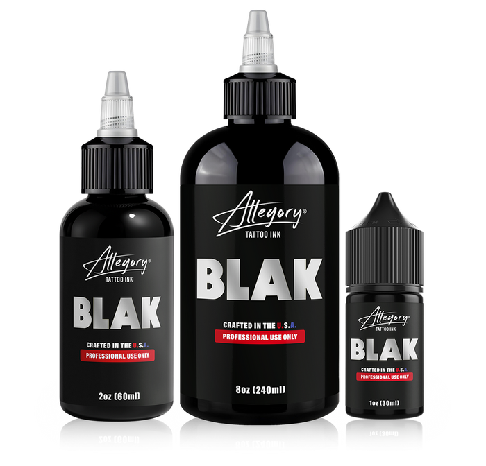 Allegory Smooth Blak professional tattoo ink bottles in 1oz, 2oz, and 8oz sizes