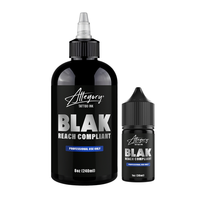 Allegory Reach Blak professional tattoo ink bottles in 1oz and 8oz sizes