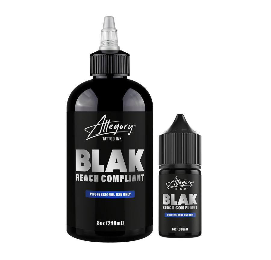 Allegory Reach Blak professional tattoo ink bottles in 1oz and 8oz sizes