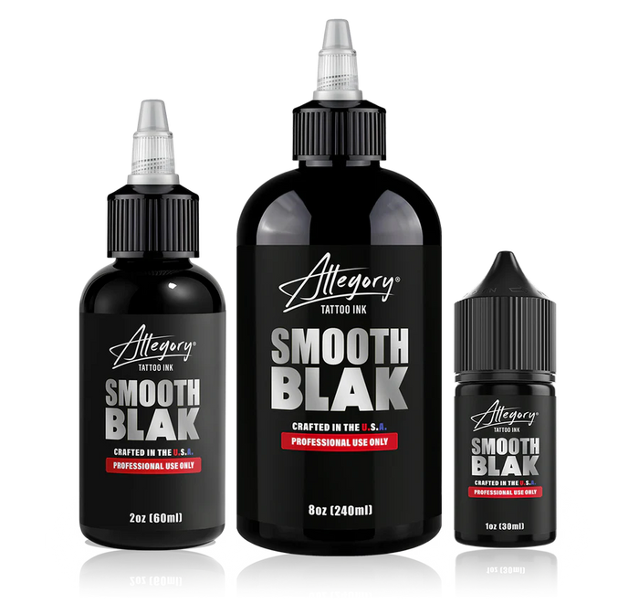 Allegory Smooth Blak professional tattoo ink bottles in 1oz, 2oz, and 8oz sizes