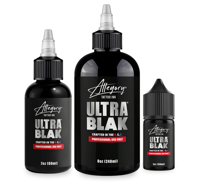 Allegory Smooth Blak professional tattoo ink bottles in 1oz, 2oz, and 8oz sizes