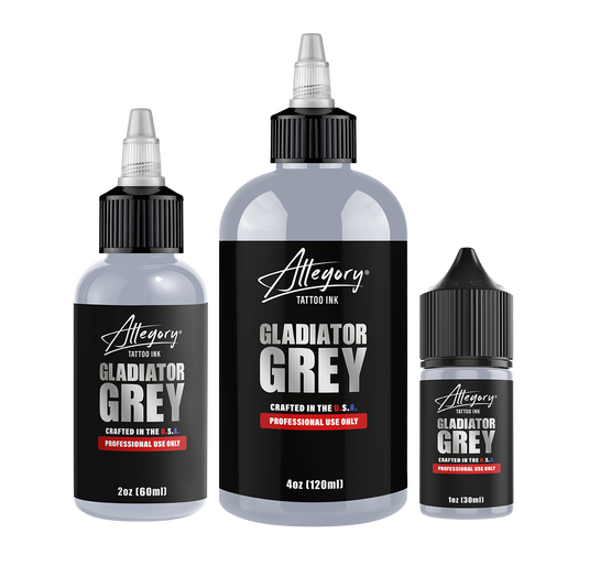 Three bottles of Allegory Gladiator Grey tattoo ink on a white background