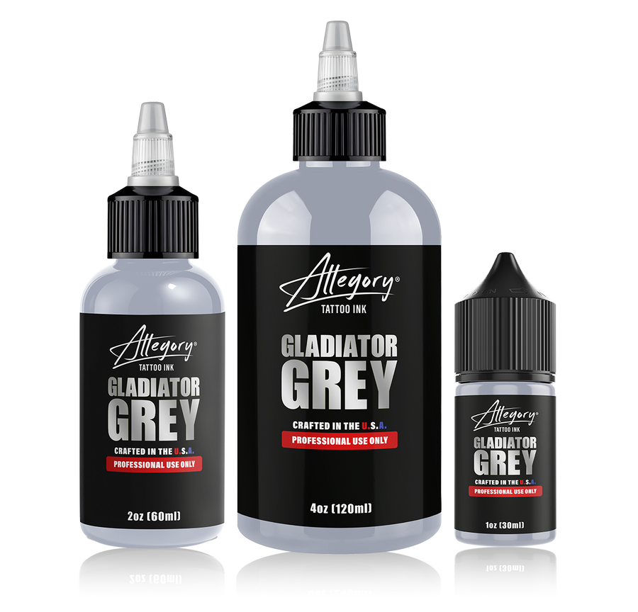 Allegory Gladiator Grey professional tattoo ink bottles in 1oz, 2oz, and 4oz sizes