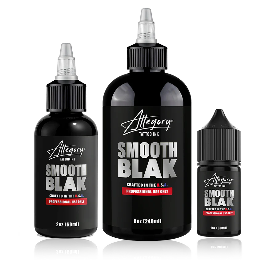Allegory Smooth Blak professional tattoo ink bottles in 1oz, 2oz, and 8oz sizes
